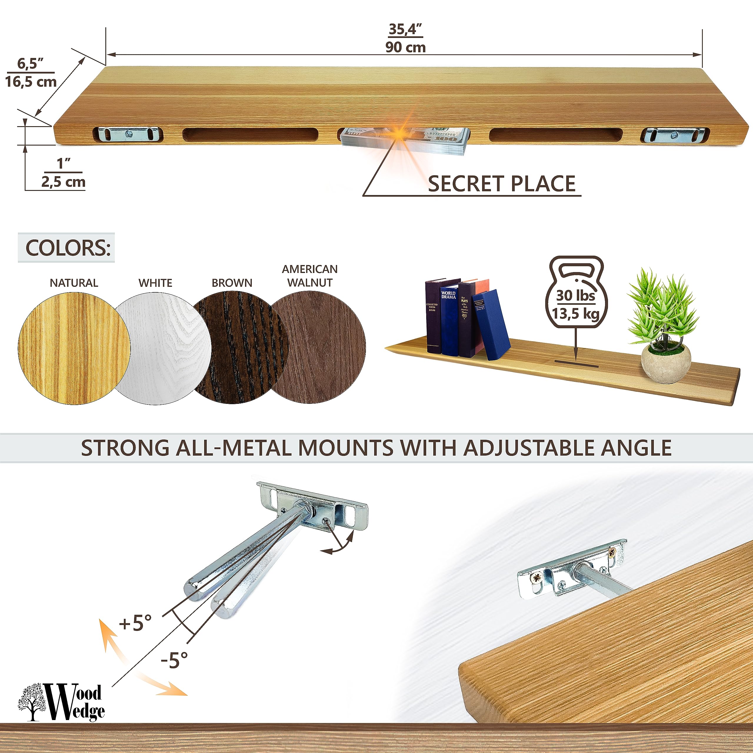 Floating Shelves Set of 2, Ash Wood Hanging Shelf with Invisible Brackets for Bathroom