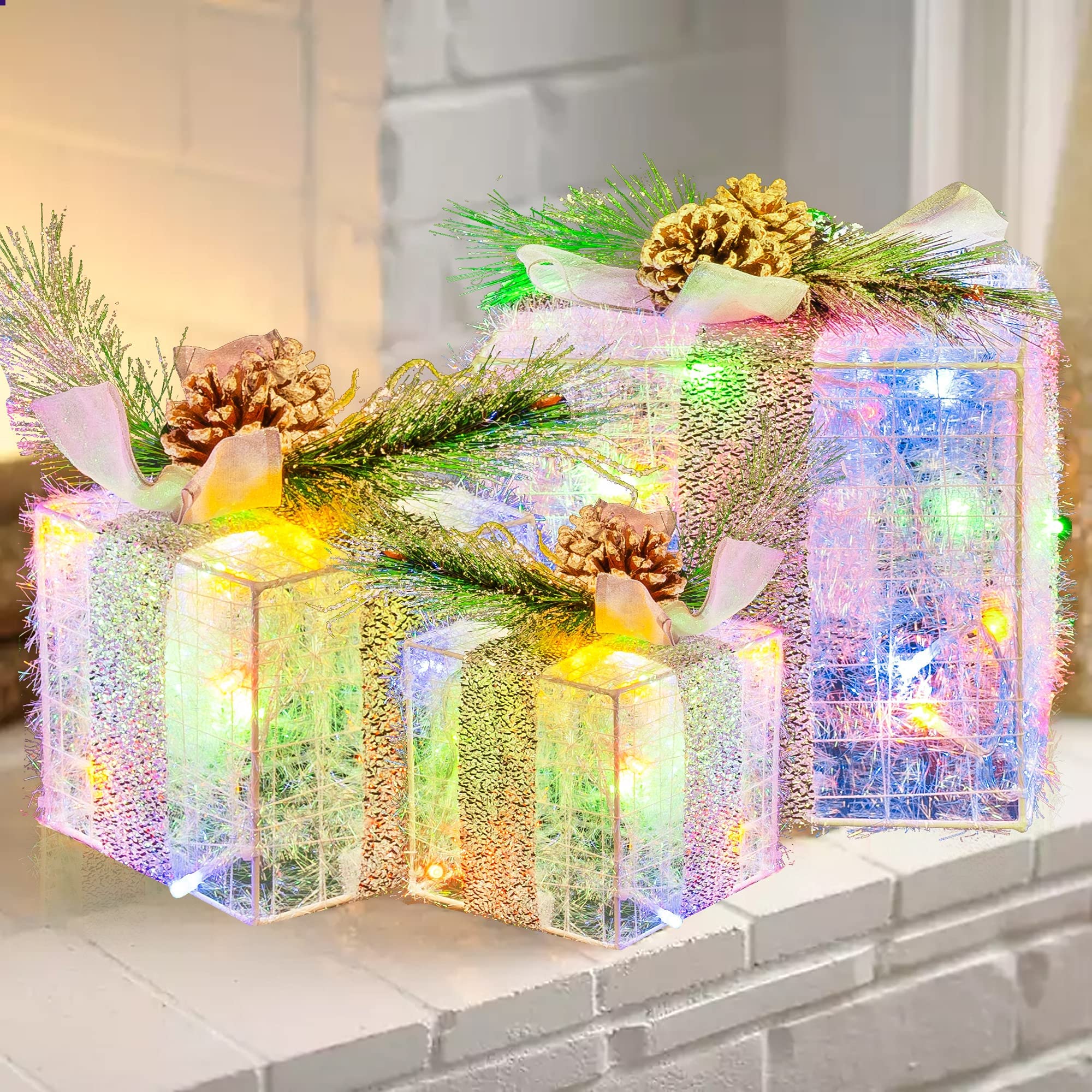 Set of 3 Christmas Lighted Gift Boxes, Plug in 60 LED Light Up Tinsel Present Box