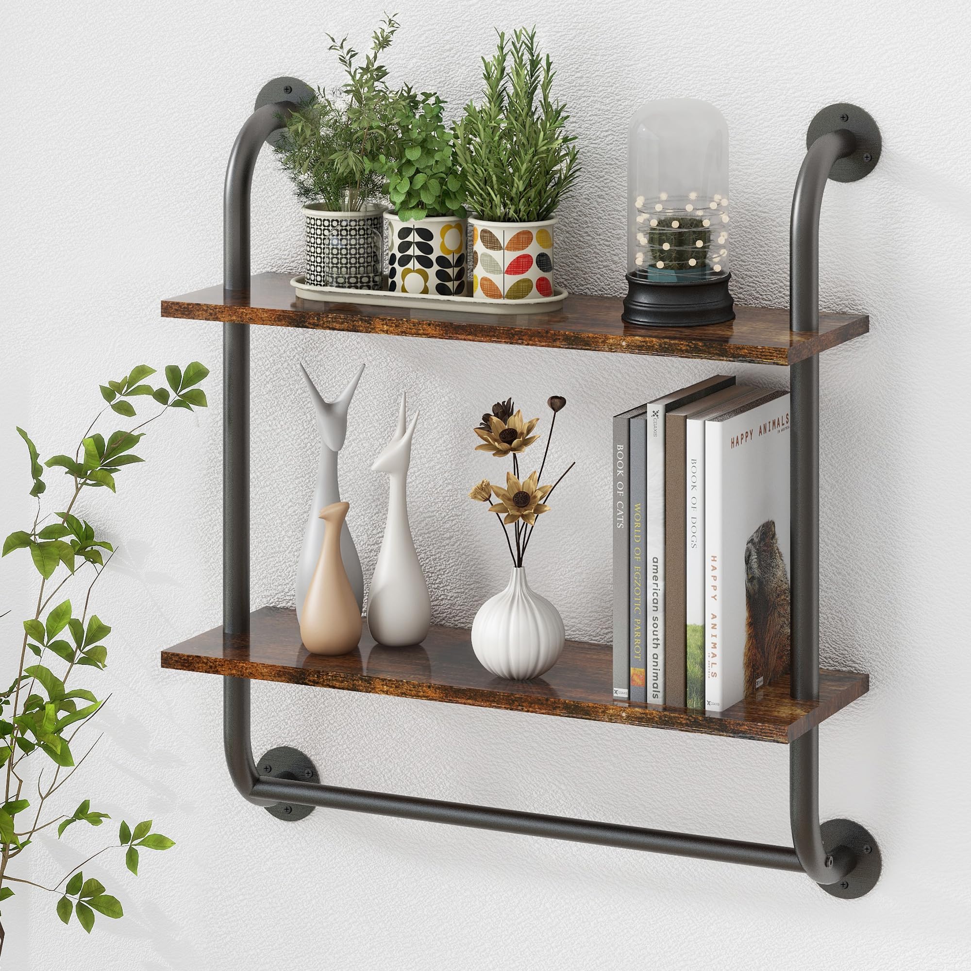 2 Tier 24 Inch Bathroom Wall Shelf with Towel Bar, Rustic Industrial Pipe Shelves for Wall