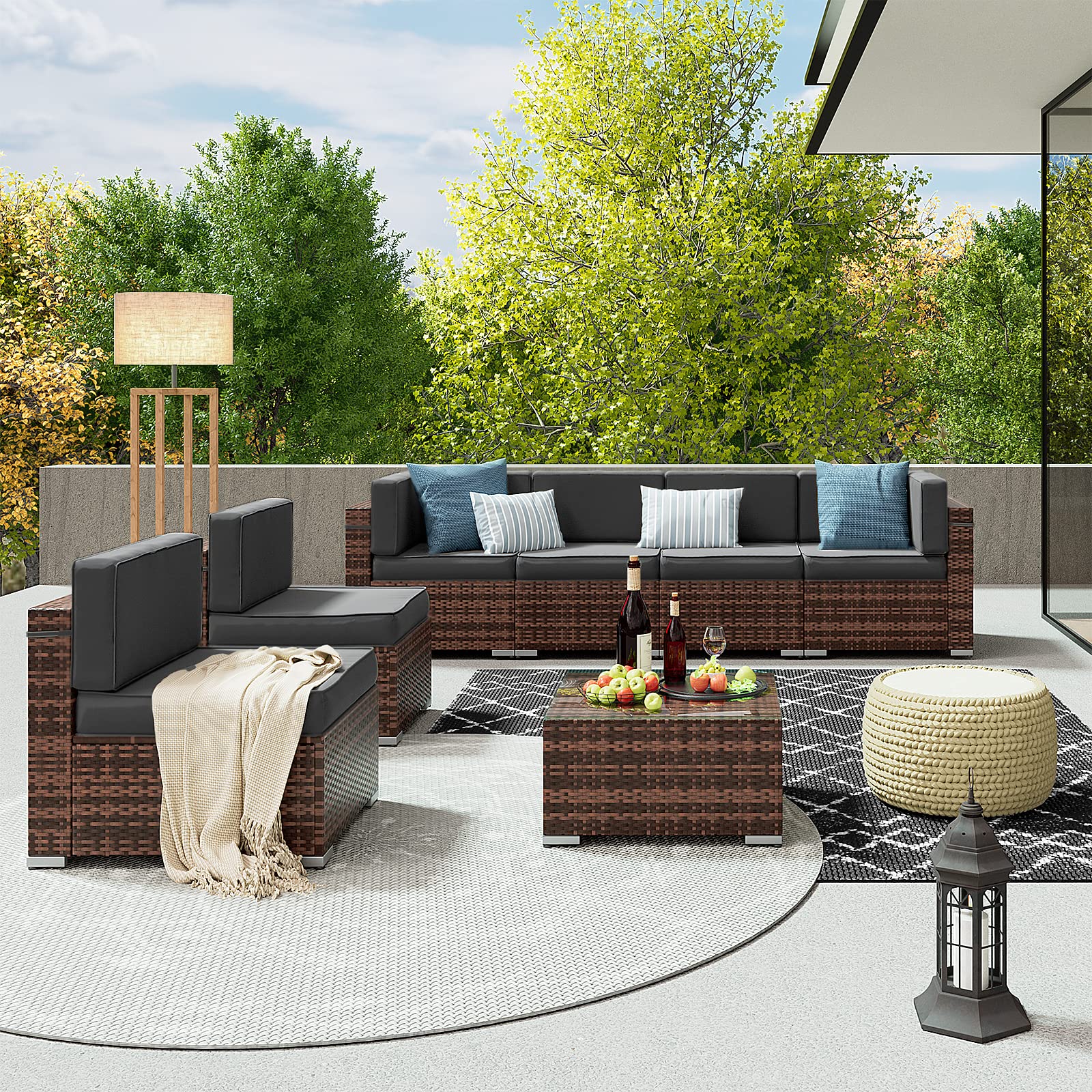 8 Pieces Patio Furniture Set Outdoor with Gas Fire Pit Table, PE Wicker Pit Conversation