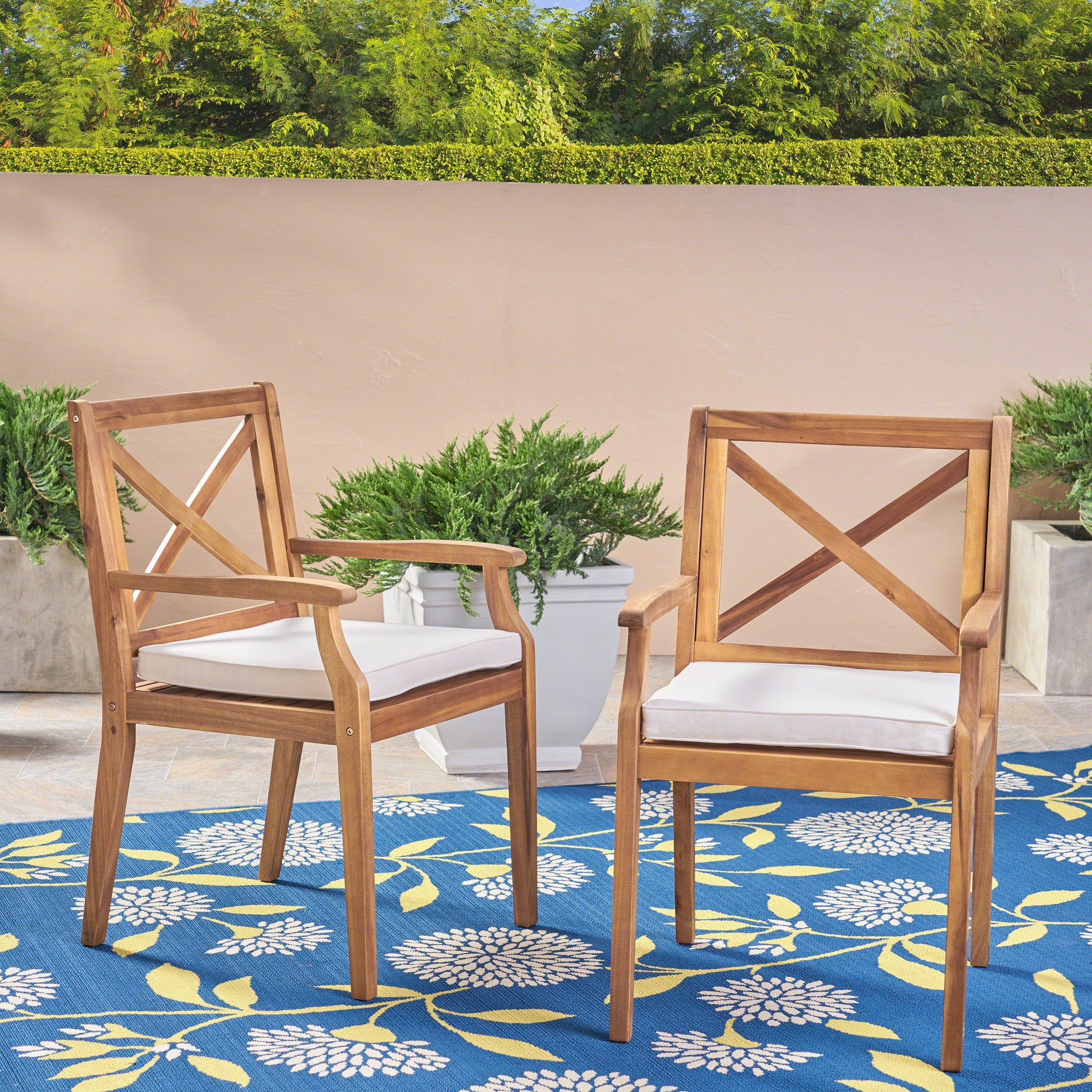 Peter Outdoor Acacia Wood Dining Chair Set of 2, Teak/Cream Cushion