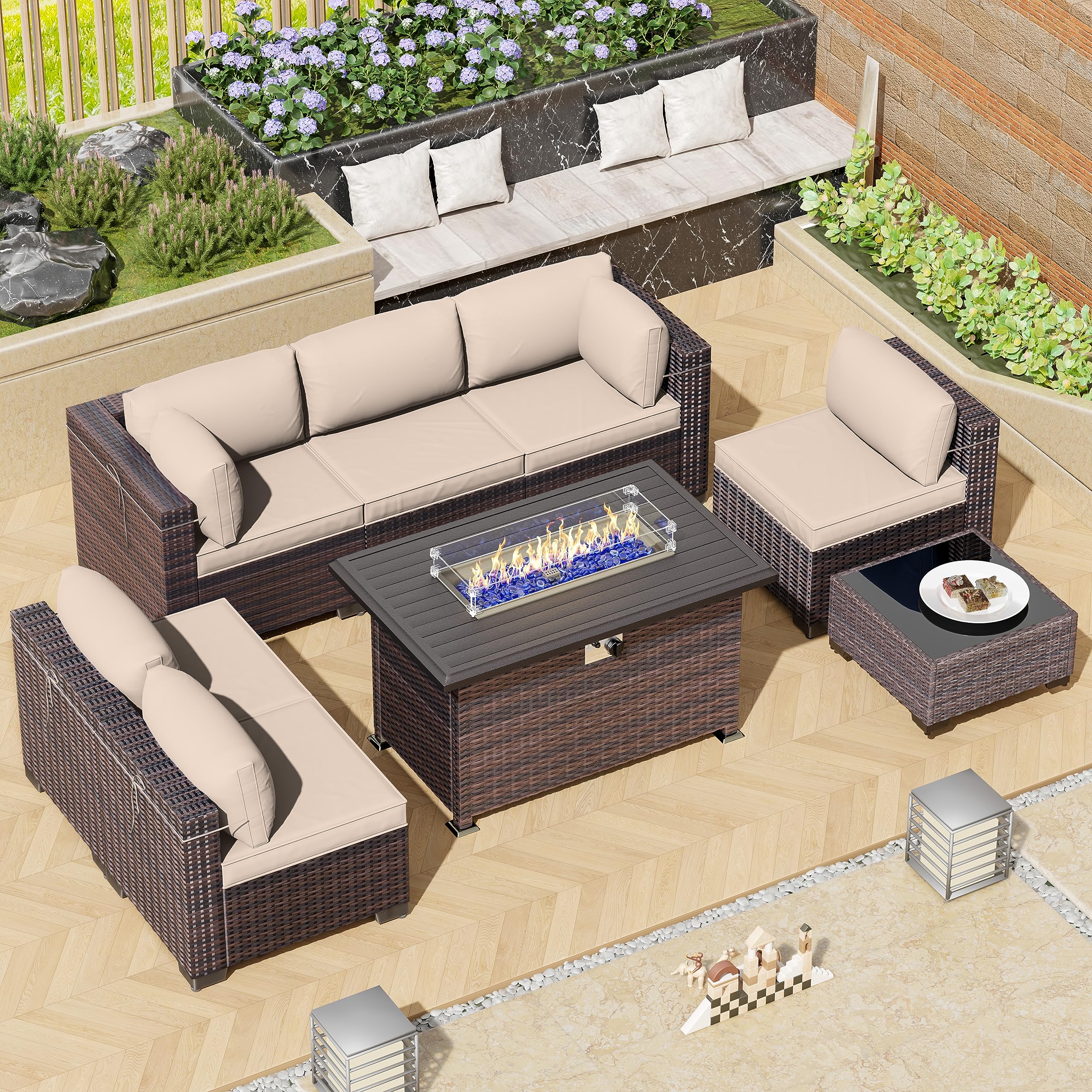 Outdoor Patio Furniture Set with Propane Fire Pit Table, 8 Pieces Outdoor Furniture