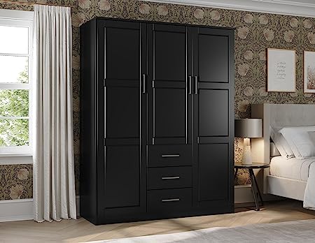 100% Solid Wood Cosmo 3-Door Wardrobe Armoire with Raised Panel Doors
