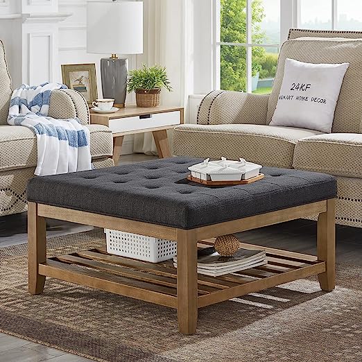 Large Square Upholstered Tufted Linen Ottoman Coffee Table, Large Footrest Ottoman with Solid Wood Shelf-Granite
