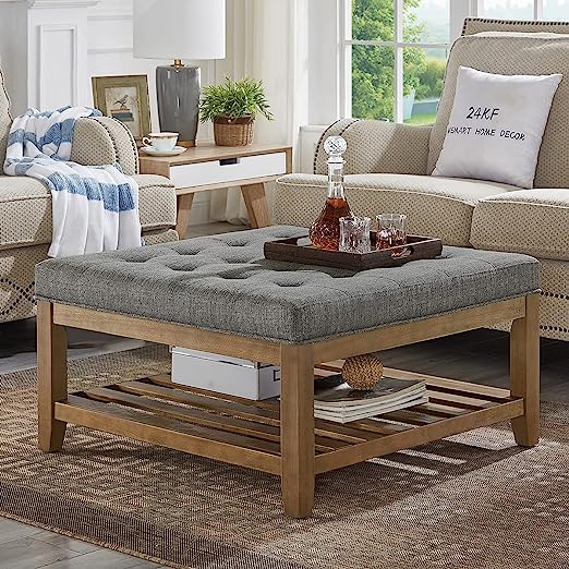 Large Square Upholstered Tufted Linen Ottoman Coffee Table, Large Footrest Ottoman with Solid Wood Shelf-Granite