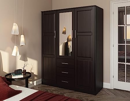 100% Solid Wood Cosmo 3-Door Wardrobe Armoire with Raised Panel Doors