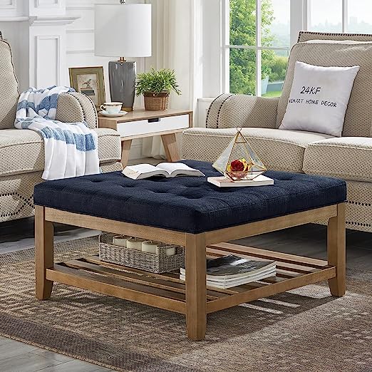 Large Square Upholstered Tufted Linen Ottoman Coffee Table, Large Footrest Ottoman with Solid Wood Shelf-Granite