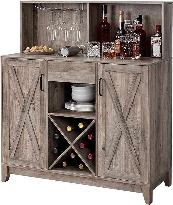 Wine Bar Cabinet for Liquor and Glasses, Barn Doors Wine Cabinet with Adjustable Storage