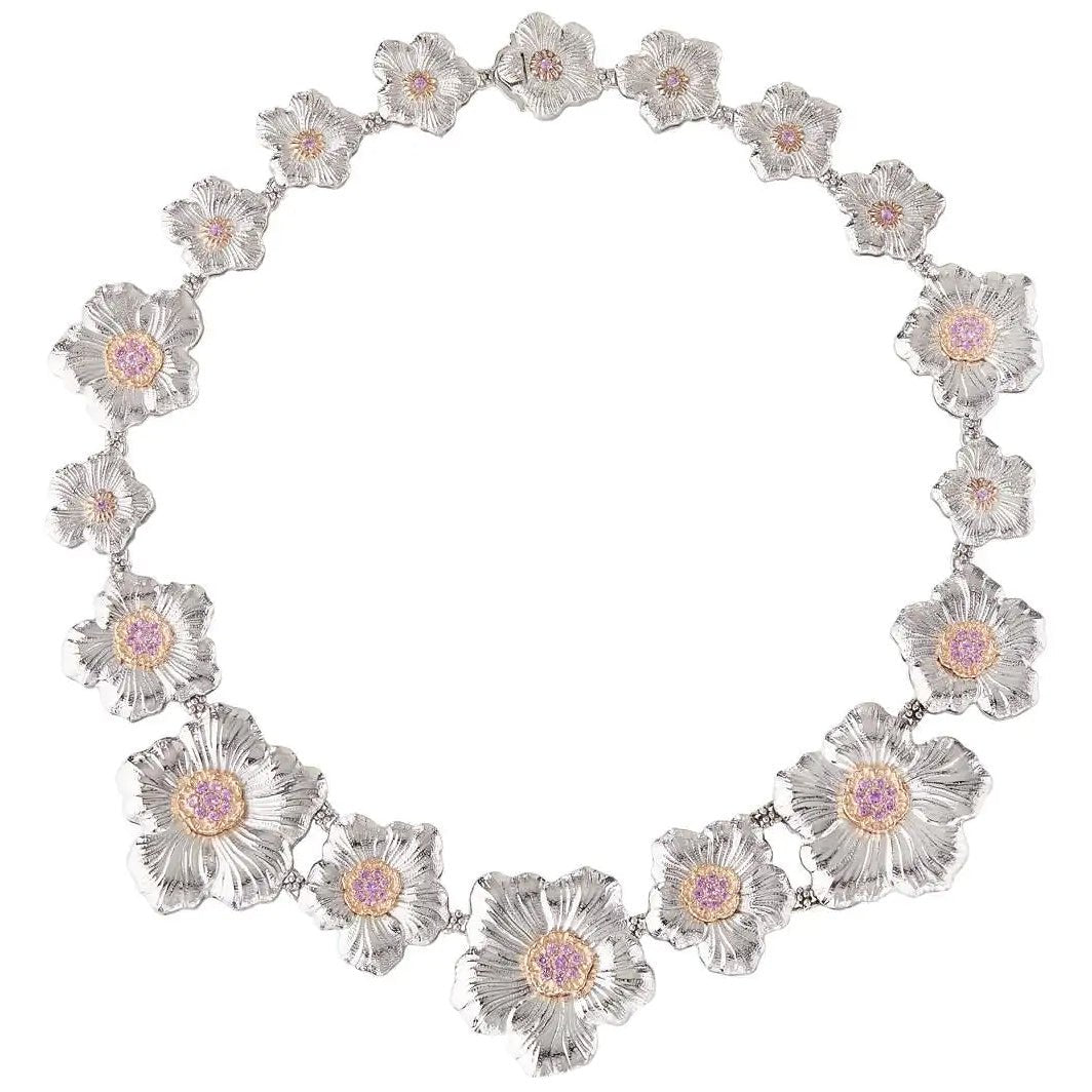 Silver Pink Sapphire Gardenia Flower Necklace