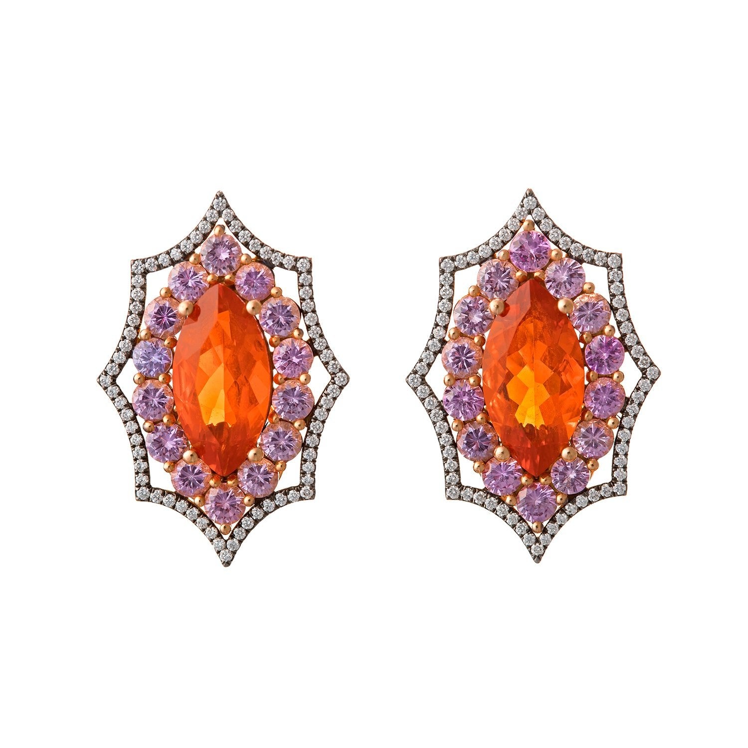 Fire Opal Pink Sapphire Diamond Earrings