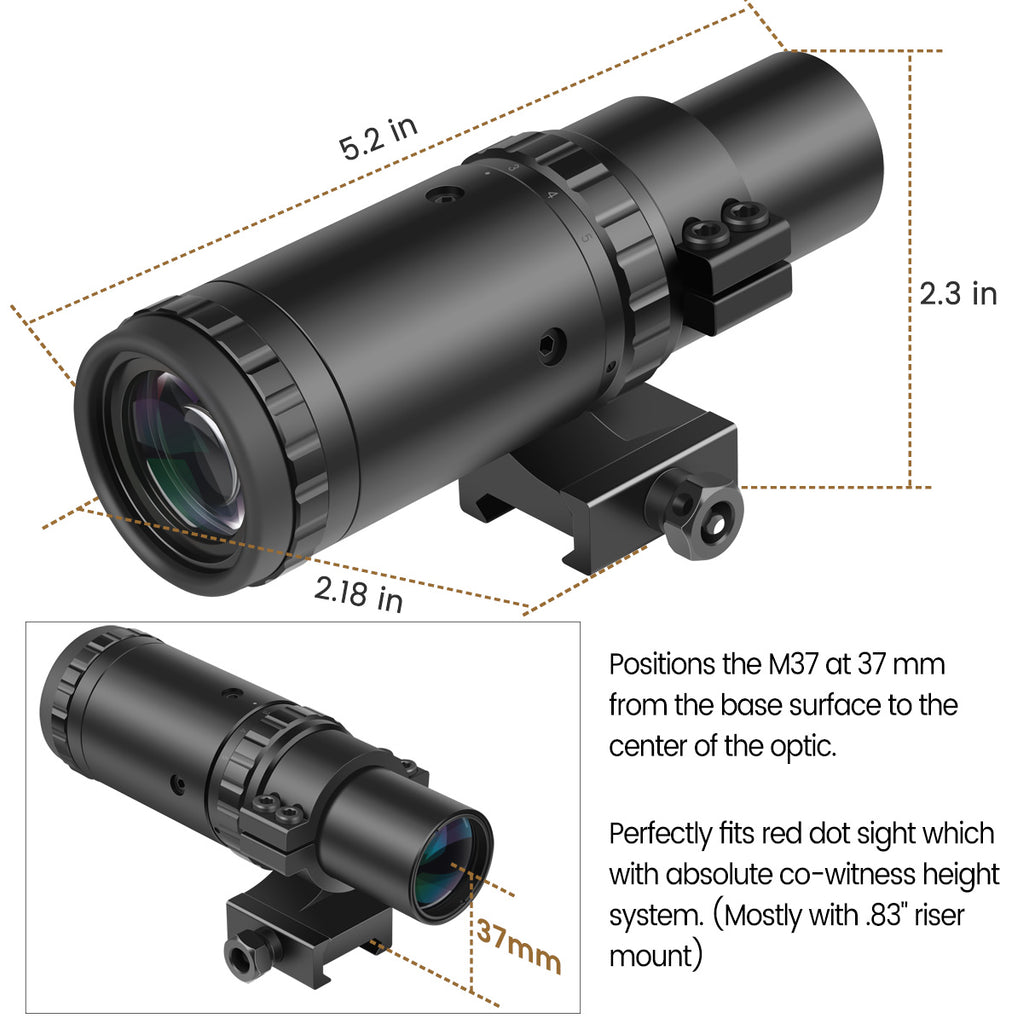 Feyachi M37 1.5X - 5X Red Dot Magnifier Focus Adjustment Optical Magnifier with Flip to Side Mount, Black