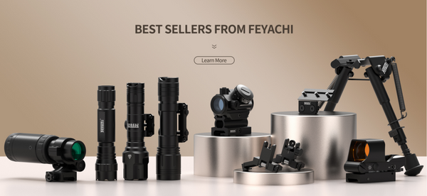 Display of Feyachi's best-selling optical equipment, including scopes, red dot sights, and a bipod, presented on pedestals against a tan background with text stating 'BEST SELLERS FROM FEYACHI' and a 'Learn More' call-to-action button.