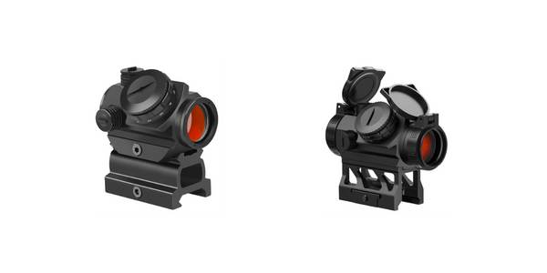 Two black tactical red dot sights; the left with a closed lens cover and the right with flip-open lens covers, both with orange-reflective coated lenses.
