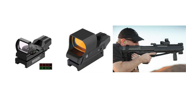 Composite image showing two models of Feyachi red dot sights on the left, one with selectable reticle patterns, and on the right, a person in a black cap aiming a rifle equipped with a mounted red dot sight.