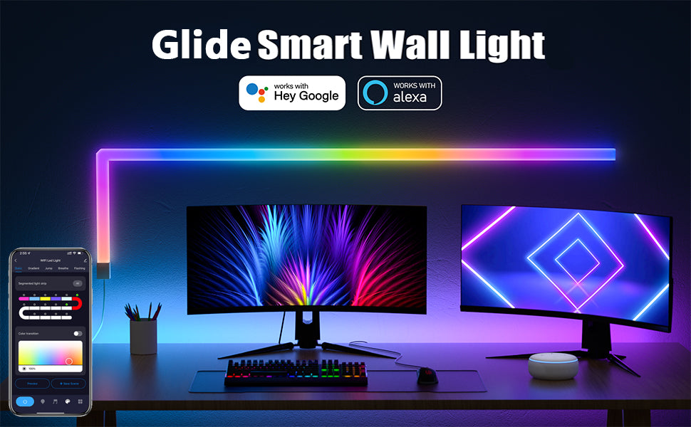 Customize Your Glide Shape: Connect the 12 interchangeable Glide Wall Light segments in any order you want for a wall light shape that's truly your own style. And if you have more than one Glide set, group control them together in smart life App.