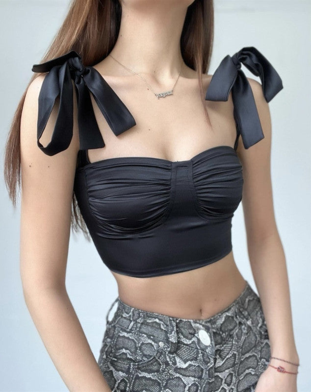 Sexy strappy slim camisole with pleated neckline