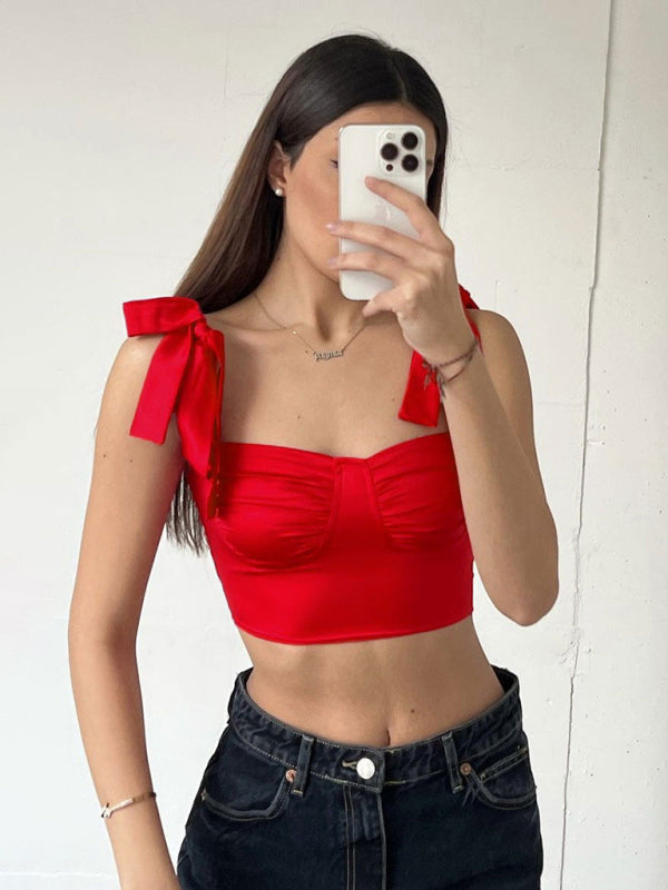 Sexy strappy slim camisole with pleated neckline