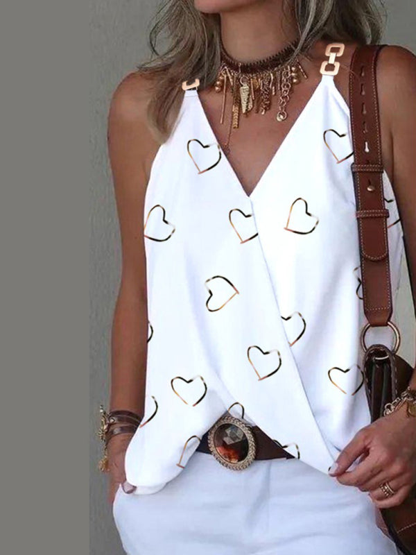 V-neck Metal Buckle Printed Vest Top Women