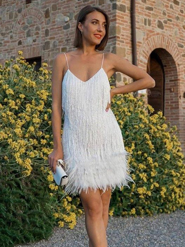 New Sexy V Neck Suspender Feather Stitching Gown Dress