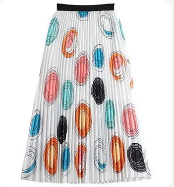 Retro Sweet Printed Long Pleated Long Skirt  Autumn Color Blocks Floral Striped Dotted Kitty Printed A-line Calf Length Skirt