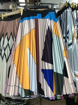 Retro Sweet Printed Long Pleated Long Skirt  Autumn Color Blocks Floral Striped Dotted Kitty Printed A-line Calf Length Skirt