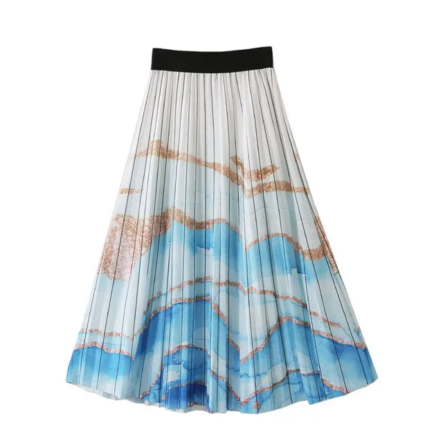 Retro Sweet Printed Long Pleated Long Skirt  Autumn Color Blocks Floral Striped Dotted Kitty Printed A-line Calf Length Skirt