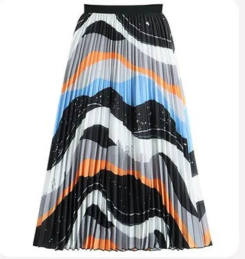 Retro Sweet Printed Long Pleated Long Skirt  Autumn Color Blocks Floral Striped Dotted Kitty Printed A-line Calf Length Skirt