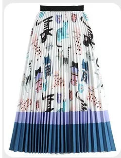 Retro Sweet Printed Long Pleated Long Skirt  Autumn Color Blocks Floral Striped Dotted Kitty Printed A-line Calf Length Skirt