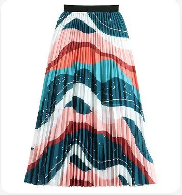 Retro Sweet Printed Long Pleated Long Skirt  Autumn Color Blocks Floral Striped Dotted Kitty Printed A-line Calf Length Skirt