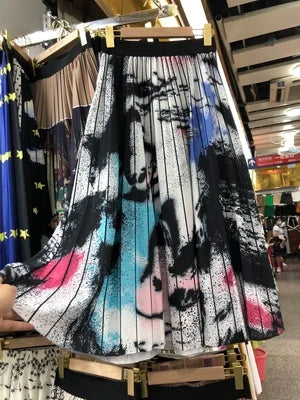 Retro Sweet Printed Long Pleated Long Skirt  Autumn Color Blocks Floral Striped Dotted Kitty Printed A-line Calf Length Skirt