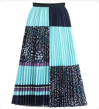 Retro Sweet Printed Long Pleated Long Skirt  Autumn Color Blocks Floral Striped Dotted Kitty Printed A-line Calf Length Skirt