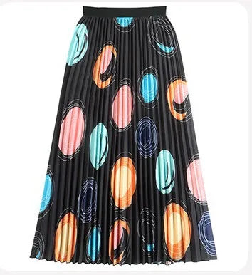 Retro Sweet Printed Long Pleated Long Skirt  Autumn Color Blocks Floral Striped Dotted Kitty Printed A-line Calf Length Skirt