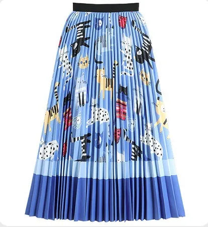 Retro Sweet Printed Long Pleated Long Skirt  Autumn Color Blocks Floral Striped Dotted Kitty Printed A-line Calf Length Skirt