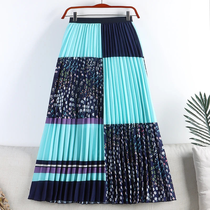 Retro Sweet Printed Long Pleated Long Skirt  Autumn Color Blocks Floral Striped Dotted Kitty Printed A-line Calf Length Skirt