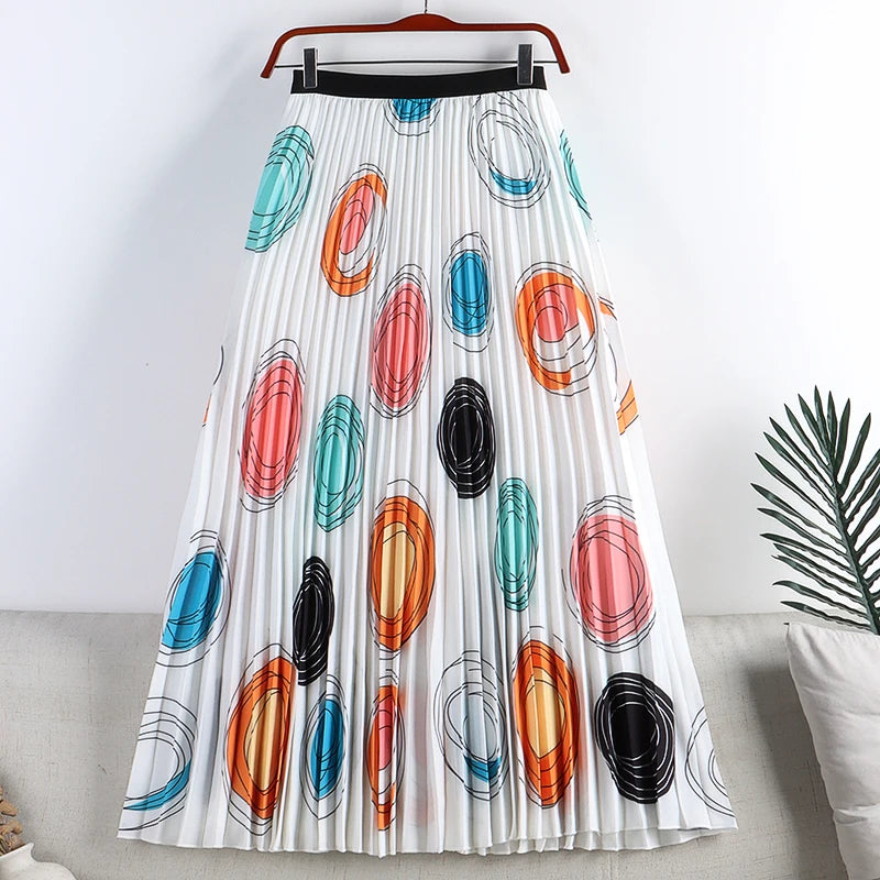 Retro Sweet Printed Long Pleated Long Skirt  Autumn Color Blocks Floral Striped Dotted Kitty Printed A-line Calf Length Skirt