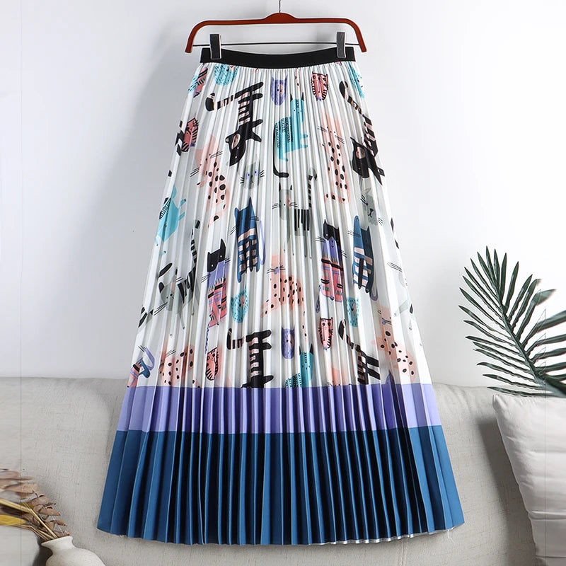 Retro Sweet Printed Long Pleated Long Skirt  Autumn Color Blocks Floral Striped Dotted Kitty Printed A-line Calf Length Skirt