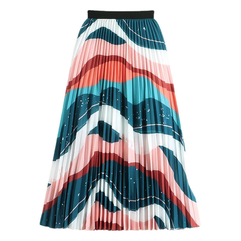 Retro Sweet Printed Long Pleated Long Skirt  Autumn Color Blocks Floral Striped Dotted Kitty Printed A-line Calf Length Skirt