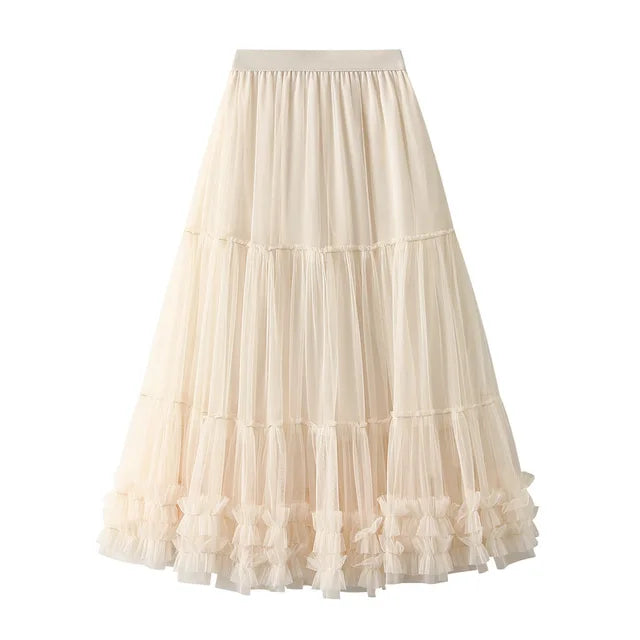 High Waist Long Sweet Mesh Max Pleated Skirt Female Heavy Industry Wooden Ear Stitching Big Swing Puffy Tulle Skirt Women