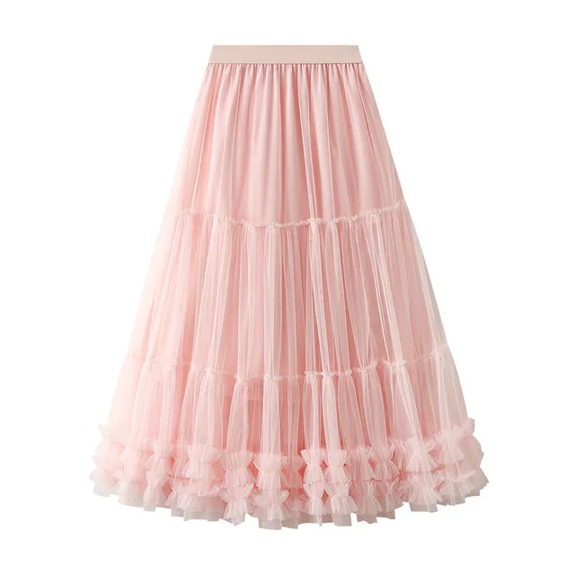 High Waist Long Sweet Mesh Max Pleated Skirt Female Heavy Industry Wooden Ear Stitching Big Swing Puffy Tulle Skirt Women