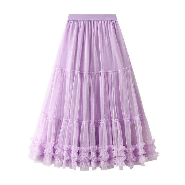 High Waist Long Sweet Mesh Max Pleated Skirt Female Heavy Industry Wooden Ear Stitching Big Swing Puffy Tulle Skirt Women