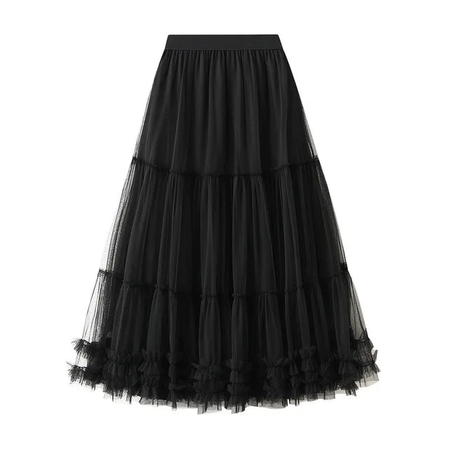 High Waist Long Sweet Mesh Max Pleated Skirt Female Heavy Industry Wooden Ear Stitching Big Swing Puffy Tulle Skirt Women