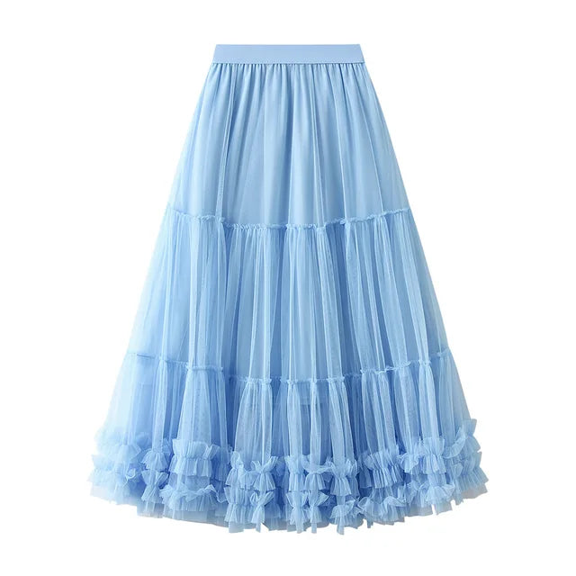 High Waist Long Sweet Mesh Max Pleated Skirt Female Heavy Industry Wooden Ear Stitching Big Swing Puffy Tulle Skirt Women