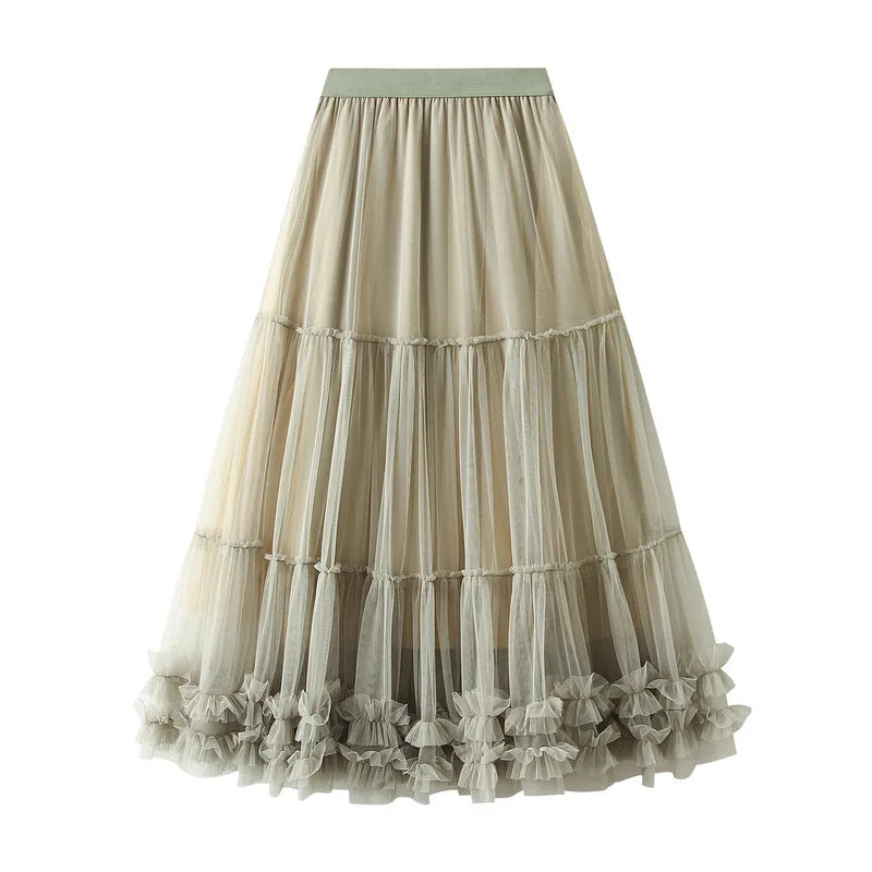 High Waist Long Sweet Mesh Max Pleated Skirt Female Heavy Industry Wooden Ear Stitching Big Swing Puffy Tulle Skirt Women