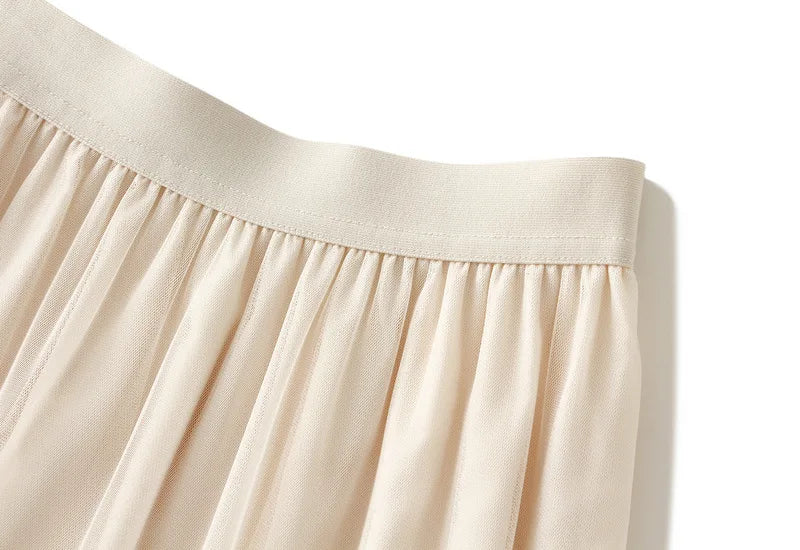 High Waist Long Sweet Mesh Max Pleated Skirt Female Heavy Industry Wooden Ear Stitching Big Swing Puffy Tulle Skirt Women