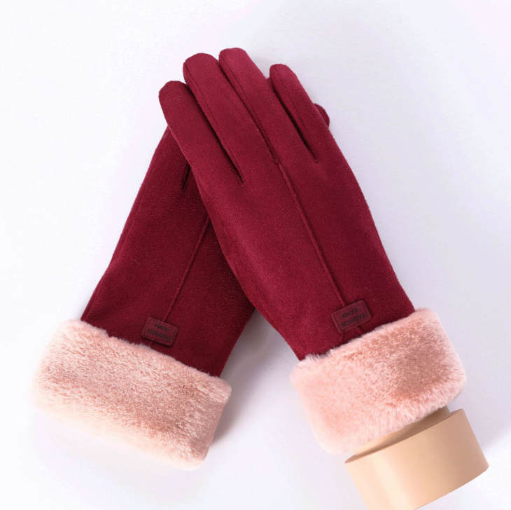 New Winter Female Lace Warm Cashmere Three Ribs Cute Bear Mittens Double thick Plush Wrist Women Touch Screen Driving Gloves 81C