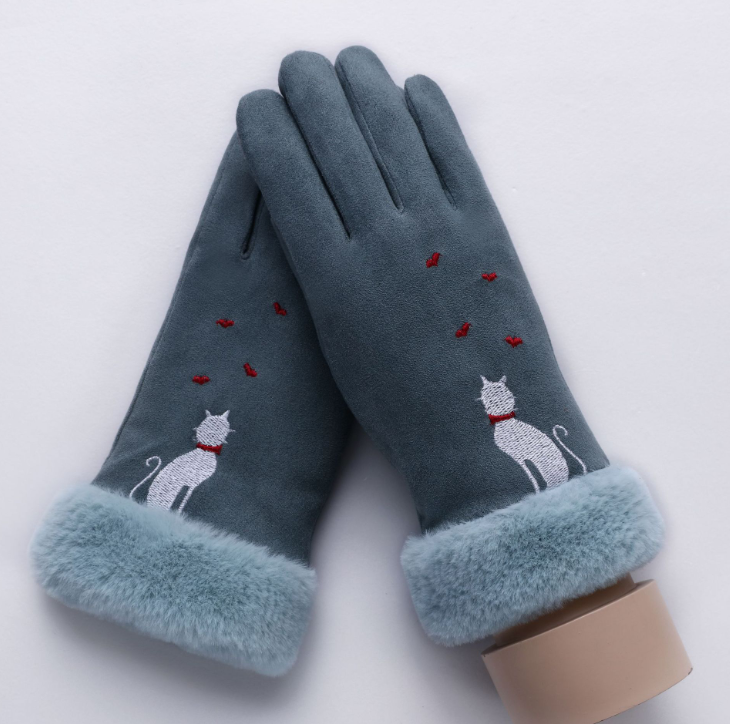 New Winter Female Lace Warm Cashmere Three Ribs Cute Bear Mittens Double thick Plush Wrist Women Touch Screen Driving Gloves 81C