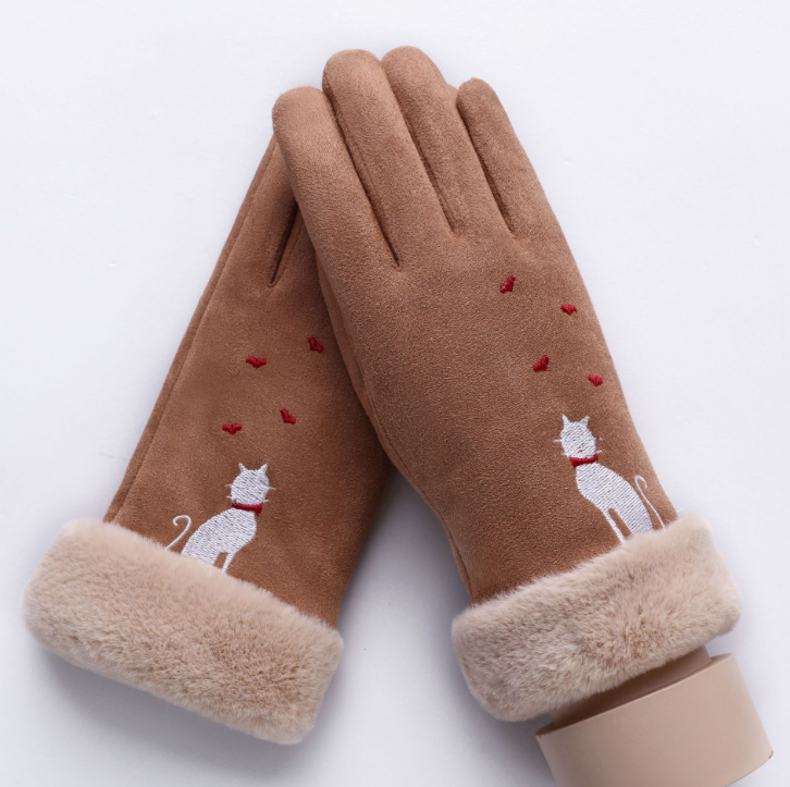 New Winter Female Lace Warm Cashmere Three Ribs Cute Bear Mittens Double thick Plush Wrist Women Touch Screen Driving Gloves 81C