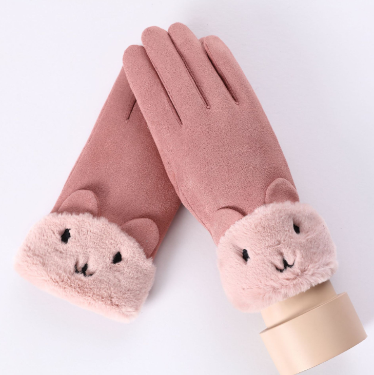 New Winter Female Lace Warm Cashmere Three Ribs Cute Bear Mittens Double thick Plush Wrist Women Touch Screen Driving Gloves 81C