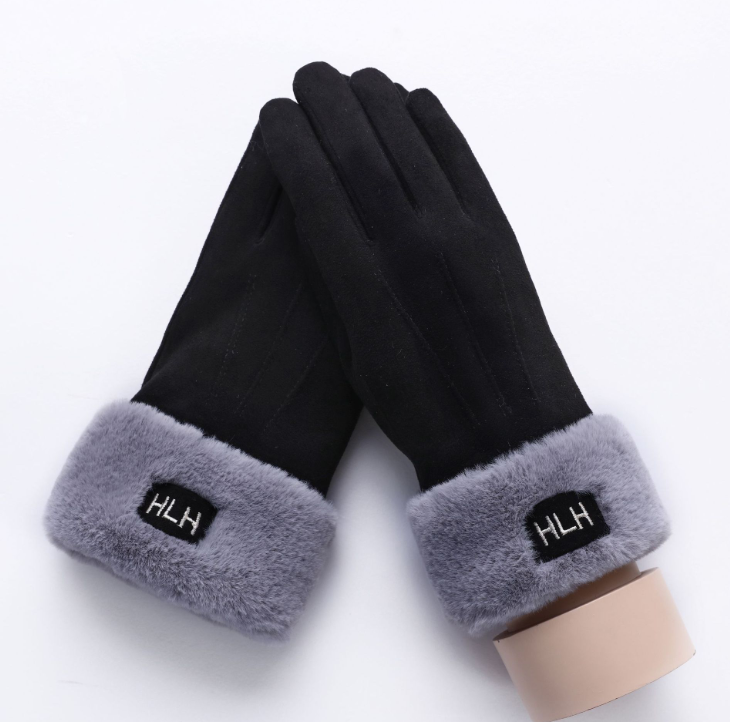 New Winter Female Lace Warm Cashmere Three Ribs Cute Bear Mittens Double thick Plush Wrist Women Touch Screen Driving Gloves 81C