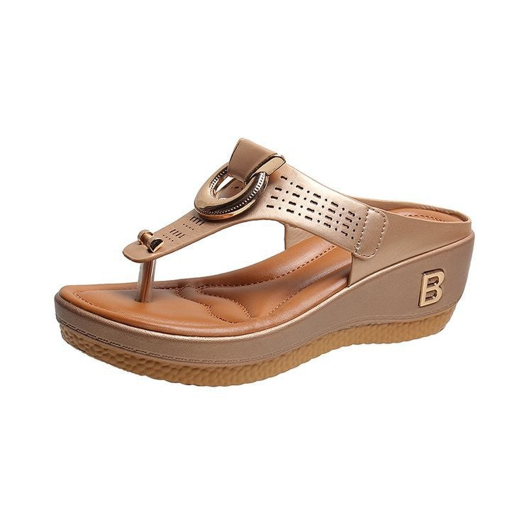 Thong Sandals Women High Heel Wedges Shoes Flip Flops Metal Decorative Slides Slippers